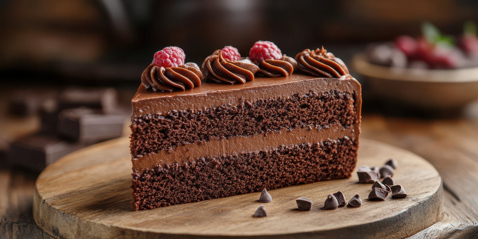 Delicious chocolate cake slice with creamy frosting and fresh raspberries on a rustic wooden board